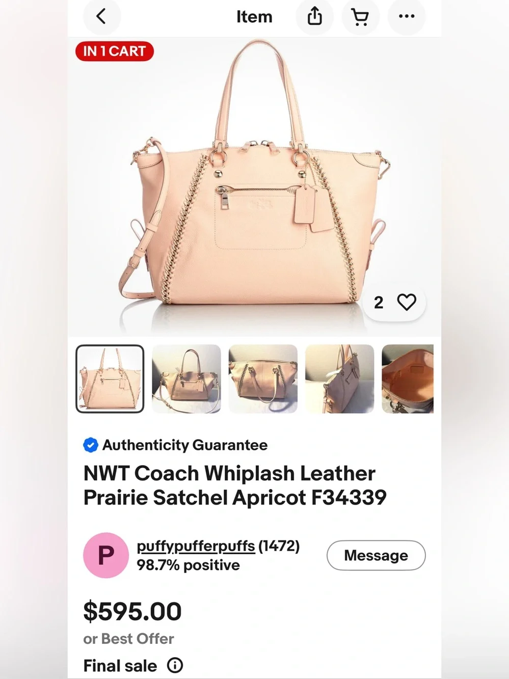 COACH 2017 EUC Prairie Satchel in Whiplash Leather No removable strap $595